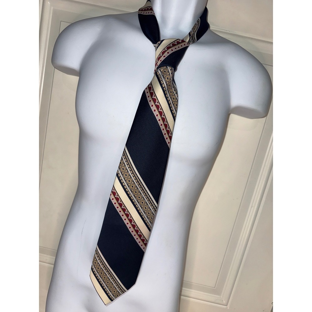Beau Brummell Vintage 60-70's Mens Red Cream Blue Polyester Wide Necktie
